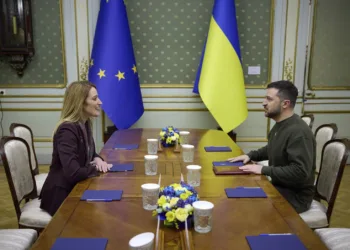 epa10502522 A handout photo made available by the Ukrainian Presidential Press Service shows Ukraine's President Volodymyr Zelensky (R) and Roberta Metsola (L), the President of the European Parliament, sit for their meeting in Lviv, Ukraine, 04 March 2023. Metsola arrived in Ukraine to meet with top officials and express their support for Ukraine amid the Russian invasion.  EPA/UKRAINE PRESIDENTIAL PRESS SERVICE HANDOUT  HANDOUT EDITORIAL USE ONLY/NO SALES